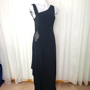 Jackie Jon New York black full length dress gown asymmetric neckline jewel hip